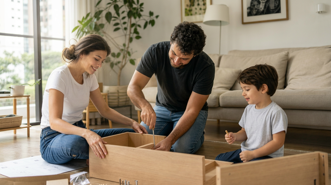Casal montando seu próprio móvel modular em casa